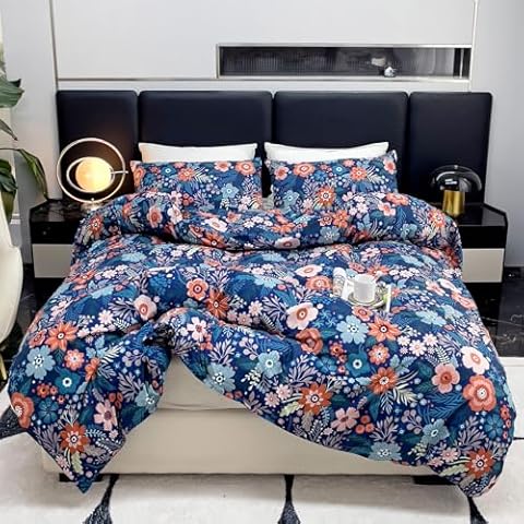 LAMEJOR Blue Duvet Cover Set Queen Size Boho Floral Print, 3-Piece Soft Bedding Set 1 Duvet Cover+2 Pillow Cases Cover
