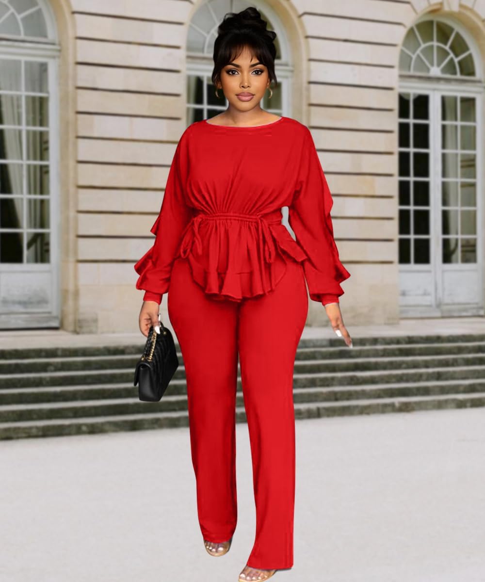 knowfashionstyle Women'S 2 Piece Outfits Suit Set Long Sleeve Peplum Top Pants Sets Casual Pantsuits Elegant Business Suit - Image 2