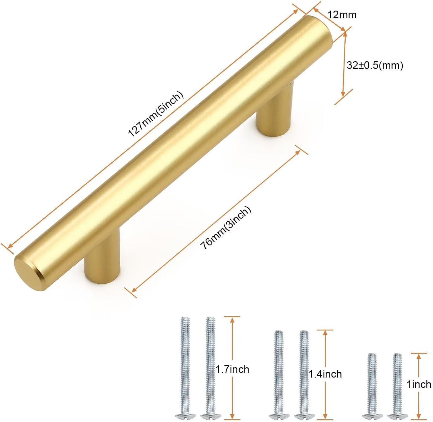 Probrico 30 Pack Hole Centers (76mm) 3inch Gold Kitchen Cabinet Handles Stainless Steel Polished Gold Cabinet Pulls Round T Bar Pull Handle for Cabinets and Drawers Total Length 5inch(127mm)