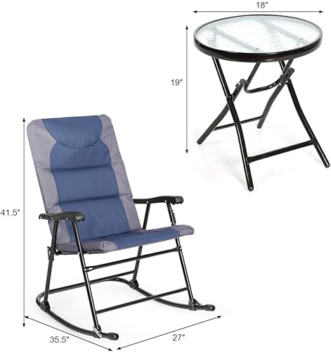 Miniatura 9 de Giantex Juego de 3 mecedoras plegables para patio al aire libre, juego de 2 mecedoras con mesa auxiliar de cristal para patio, terraza, asiento