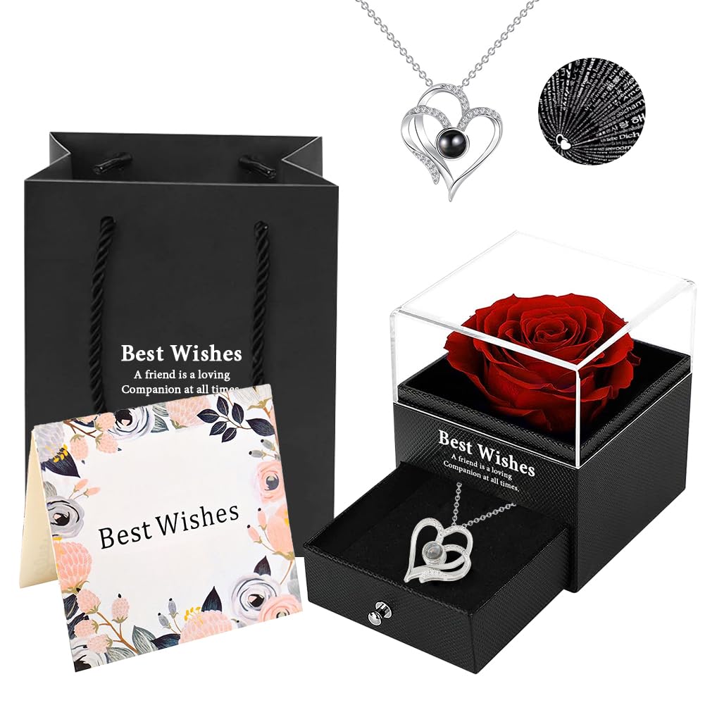 Everpwr Women's Red Preserved Rose Gifts For Mom Her Girlfriend Wife, Gift Box With I Love You Necklace, Preserved Flowers Gifts For Girlfriend Mom Wife Birthday Anniversary