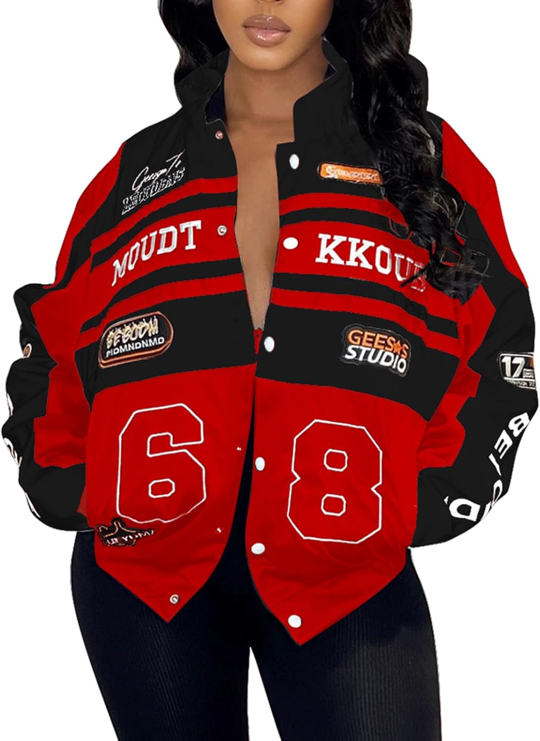 KANSOON Varsity Jacket Women Motorcycle Racer Detachable Letter Graphic Jackets Vintage Color Block Baseball Coat