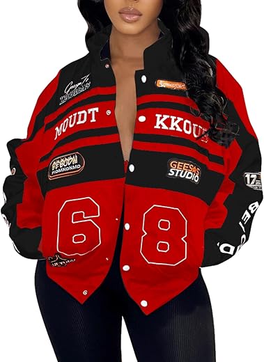 KANSOON Varsity Jacket Women Motorcycle Racer Detachable Letter Graphic Jackets Vintage Color Block Baseball Coat