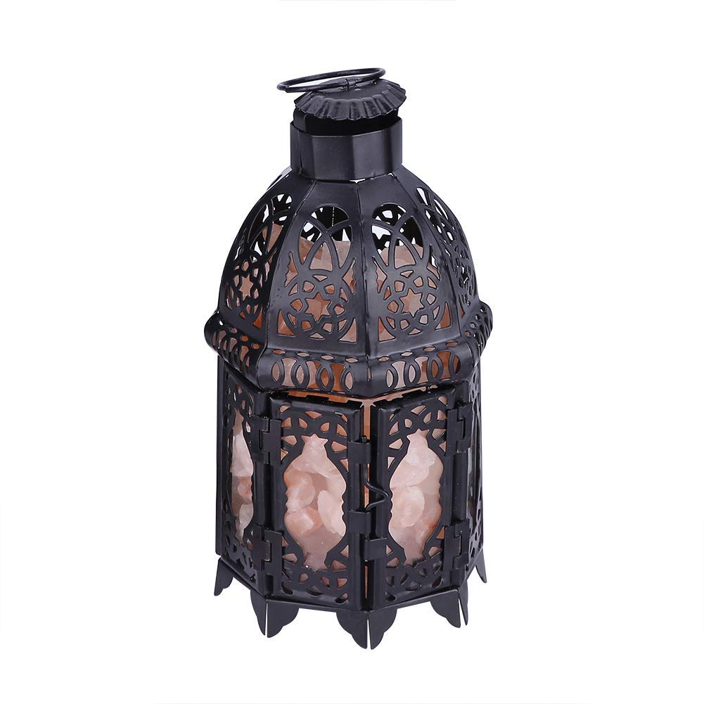 Ejoyous Lámpara de Sal del Himalaya con Base de Madera, Lámpara de Sal de Cristal de Hierro Forjado, Vintage Lámpara de Noche Marco de Piedra de Sal de Cristal Natural Lámpara(Negro)