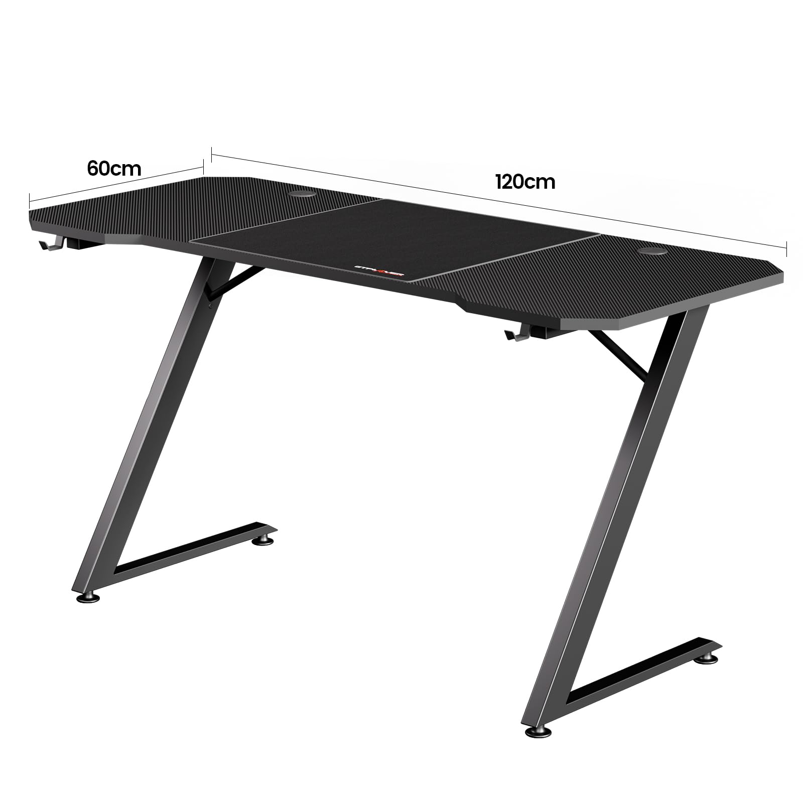 GTPLAYER Tavolo da gioco 120 x 60 cm, con tappetino per mouse, Tavolo da gioco per computer in fibra di carbonio con gancio per casco, nero