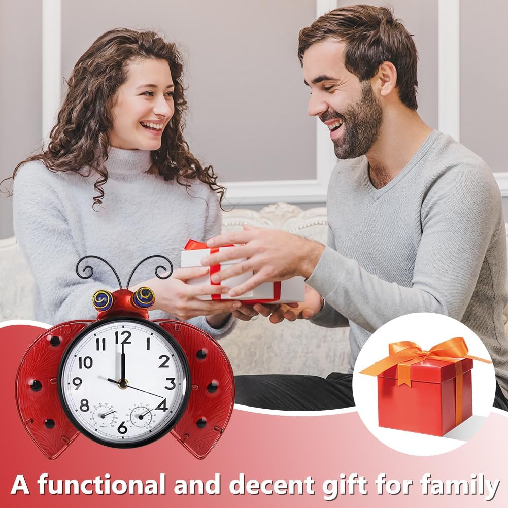 Outdoor Clock & Outdoor Thermometer, Ladybug Wall Clock Silent Non-Ticking and Large Wall Thermometer with Humidity for Garden, Home Decor