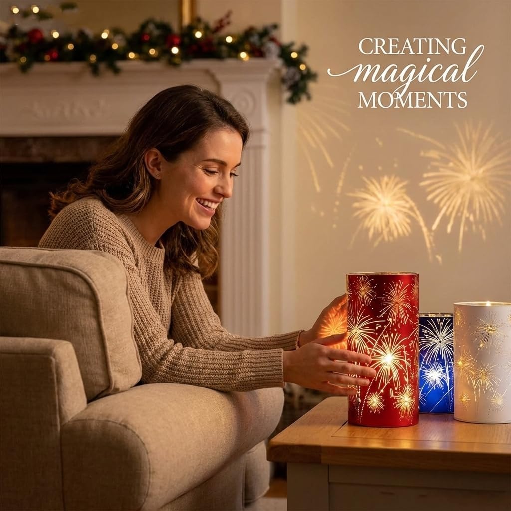 Set of 3 LED Hurricane Candle Holders with Warm White Twinkling Lights, Etched Firework Starburst Glass Pedestal Centerpiece for Mantel, Dining Table, Wedding and Holiday Decor