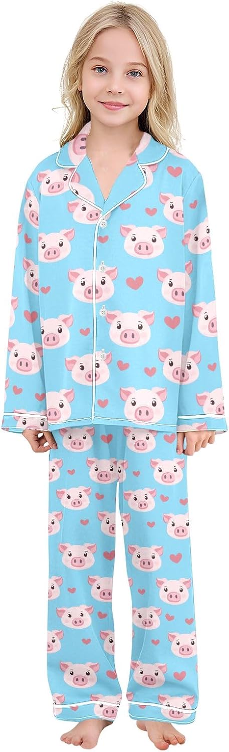 Cute Pig with Hearts Satin Pajama Set, Cute Button-Down Sleepwear Pj Set for 5-14Y