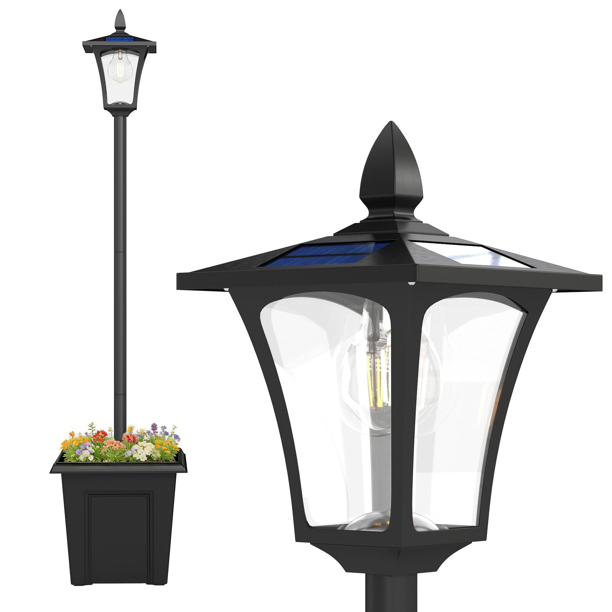 Outsunny Farola Solar Exterior de Jardín con Macetero, Luz Solar de Exterior LED, Poste de Aluminio, Impermeable IP44, Encendido/Apagado Automático, para Terraza, Patio, 33x33x160 cm, Negro