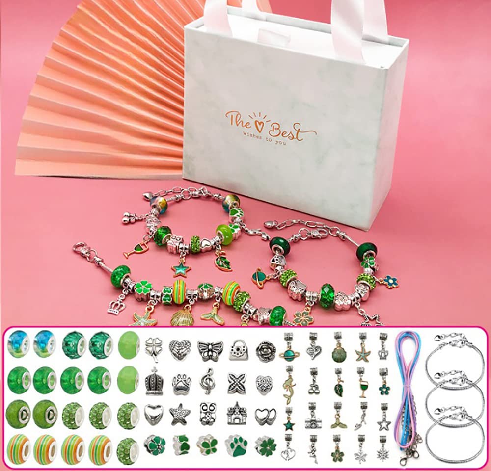 Sweet seven66 Pcs Charm Bracelet Making Kit for Girls Art and DIY Beads Necklace Pendants Kit Crafts for Kids 5 6 7 8 9 10 11 12 Year Old Girls Jewellery Making for Girls Gifts With Gift Box(Green)