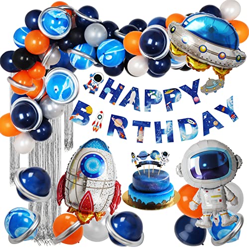 ZERODECO Weltraum Deko-Set zum Geburtstag, Space Kindergeburtstag Partydeko Happy Birthday Banner UFO Astronaut Rakete Folienballon Luftballons Tortendeko für Kinder Junge Mädchen Geburtstagsparty Cover