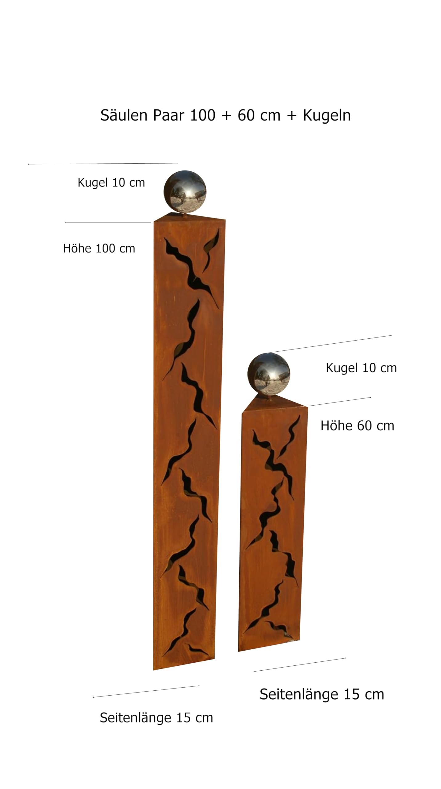 Gartendeko Rost, Dreiecke, Rostsäulen 100/60 cm. Edelrost, Edelstahlkugeln