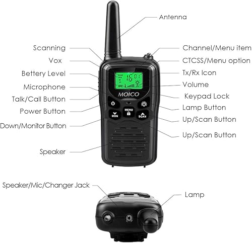 Vista 4 de Walkie Talkies, Walkie talkies de largo alcance MOICO para adultos con 22 canales FRS, walkie talkie familiar con linterna LED, pantalla LCD VOX