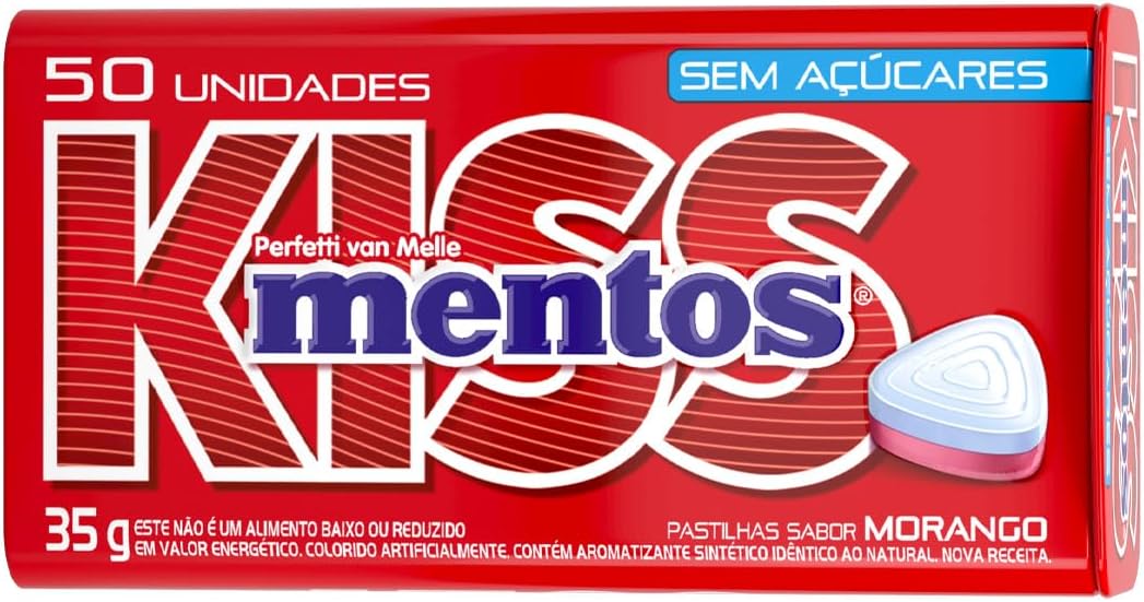 Pastilhas, Mentos, Kiss, Sem Açúcar, Sabor de Morango - 35g | 50 Unidades