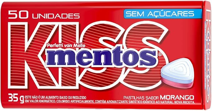 Pastilhas, Mentos, Kiss, Sem Açúcar, Sabor de Morango - 35g | 50 Unidades