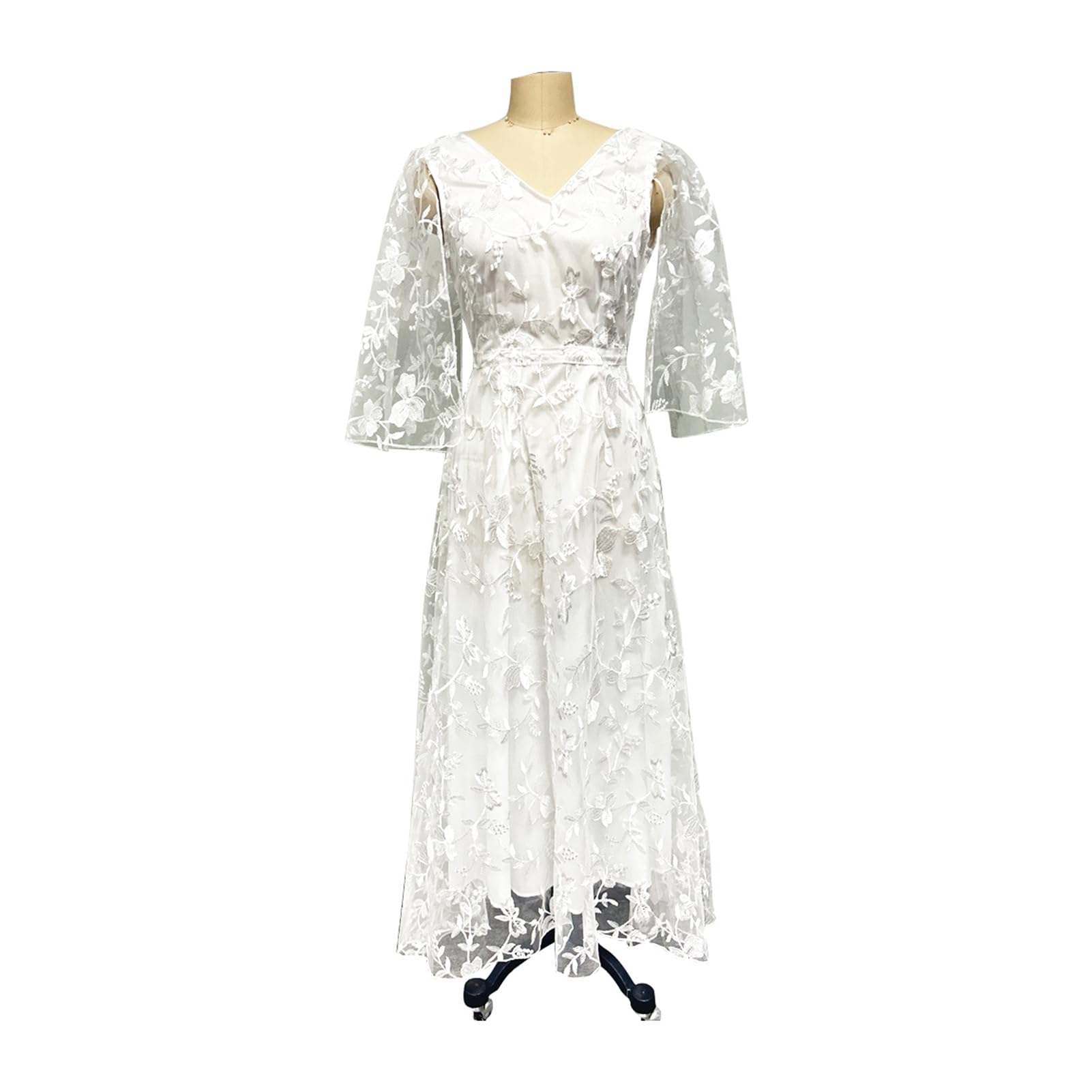 Abito da sposa con maniche svasate in pizzo, scollo a V profondo aperto sul retro Boho abito da ballo da sposa abito da spiaggia
