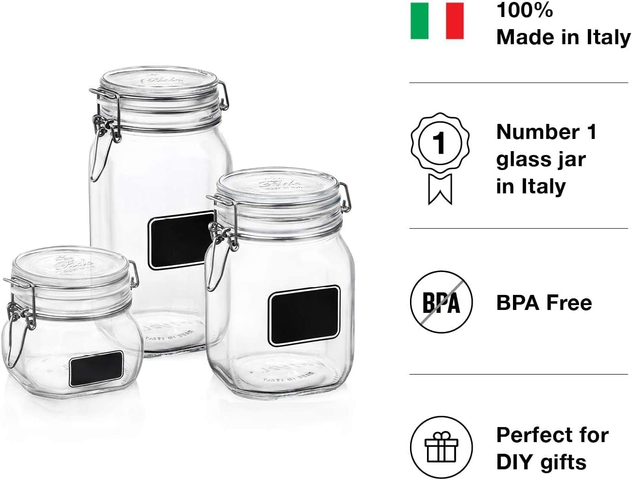 Bormioli Rocco Fido Collection, 2 Pack, 50.75 Oz. Food Storage Glass Jars, With Chalkboard, Airtight Rubber Seal & Glass Lid, With Steel Wire Clamp, Made In Italy.