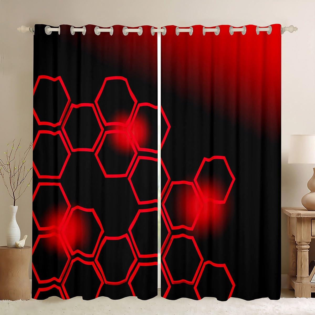 Red and Black Darkening Drapes Honeycomb Curtains for Bedroom Living Room for Kids Decor Geometrical 30%-50% Blackout Curtains Beehive Geometric Pattern Window Treatments W46*L72 — image 1