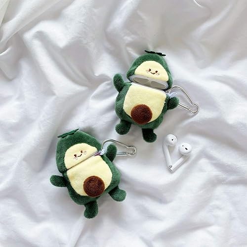 Miniatura 7 de Funda peluda SGVAHY para AirPods 1 y 2, diseño divertido de dibujos animados en 3D, diseño de aguacate verde suave y cálido, funda esponjosa con