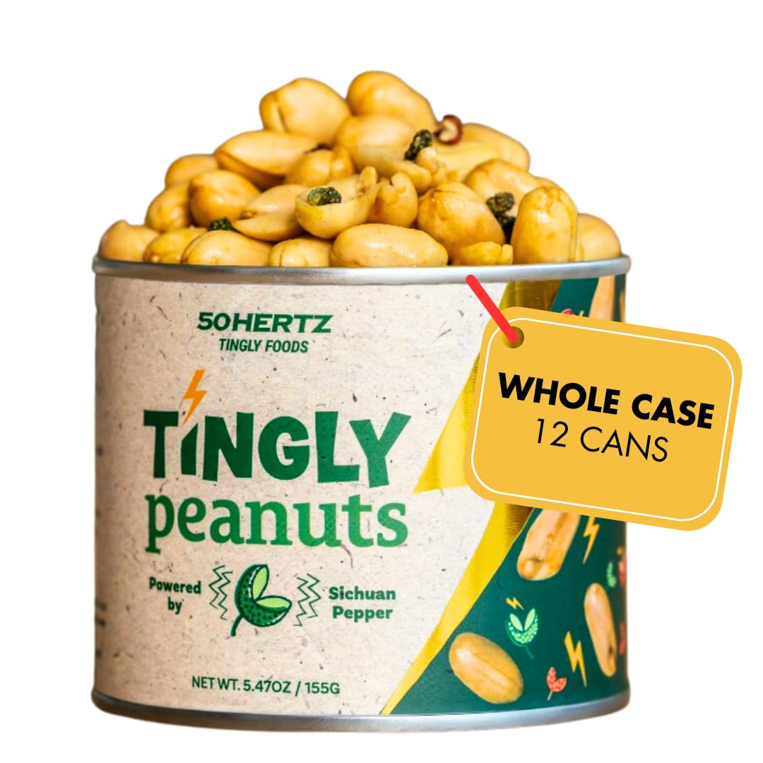 50Hertz Tingly Peanuts 5.5 oz Can (12 Pack) – Extra Large Crunchy Peanuts with Sichuan Pepper (Szechuan Peppercorn) – Tongue-Tingling Mala Numbing Snacks – 35g Protein, Natural Dry Mouth Relief