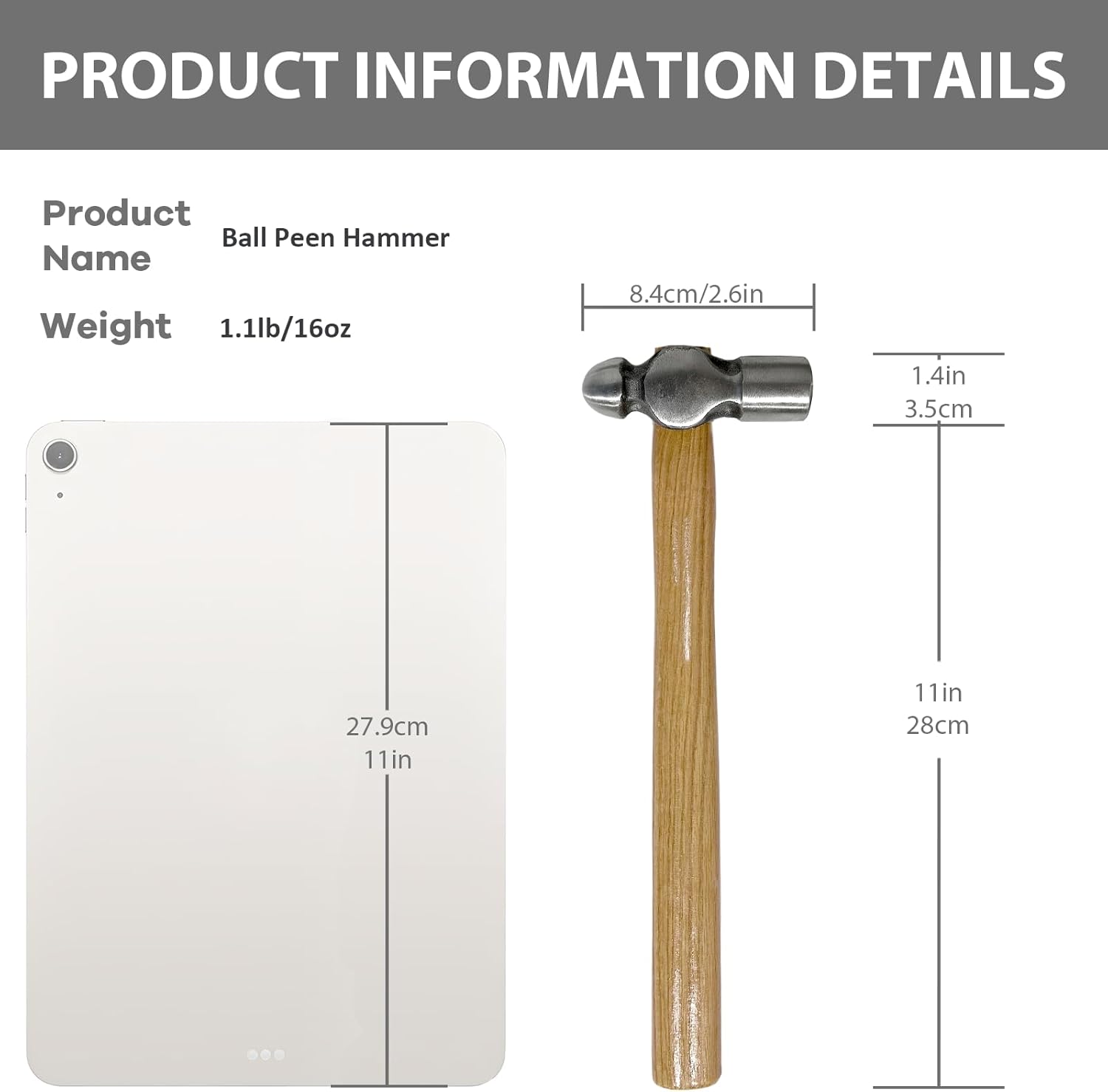 16oz Ball Peen Hammer for Metalworking - Small Ball Peen Machinist Hammer, 1.1lb Ball Pein Hammer for Riveting, Home Repair, Crafts, Woodworking, DIY & Furniture Assembly