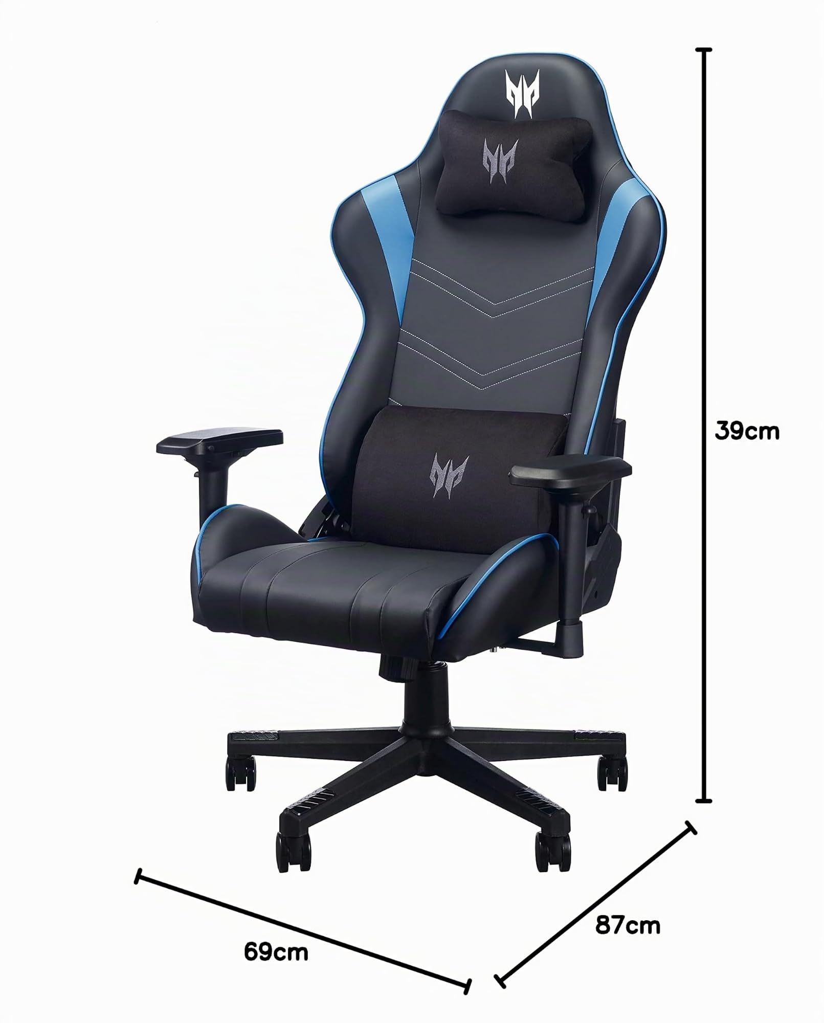 Predator Gaming Chair, Chaise Gaming, Chaise Bureau, Coussin Lombaire, Appui-tête Amovible, Accoudoirs Réglables, Mouvement De Dossier 155 Degrés, Cadre en Acier, Cuir Synthétique, Noir/Bleu