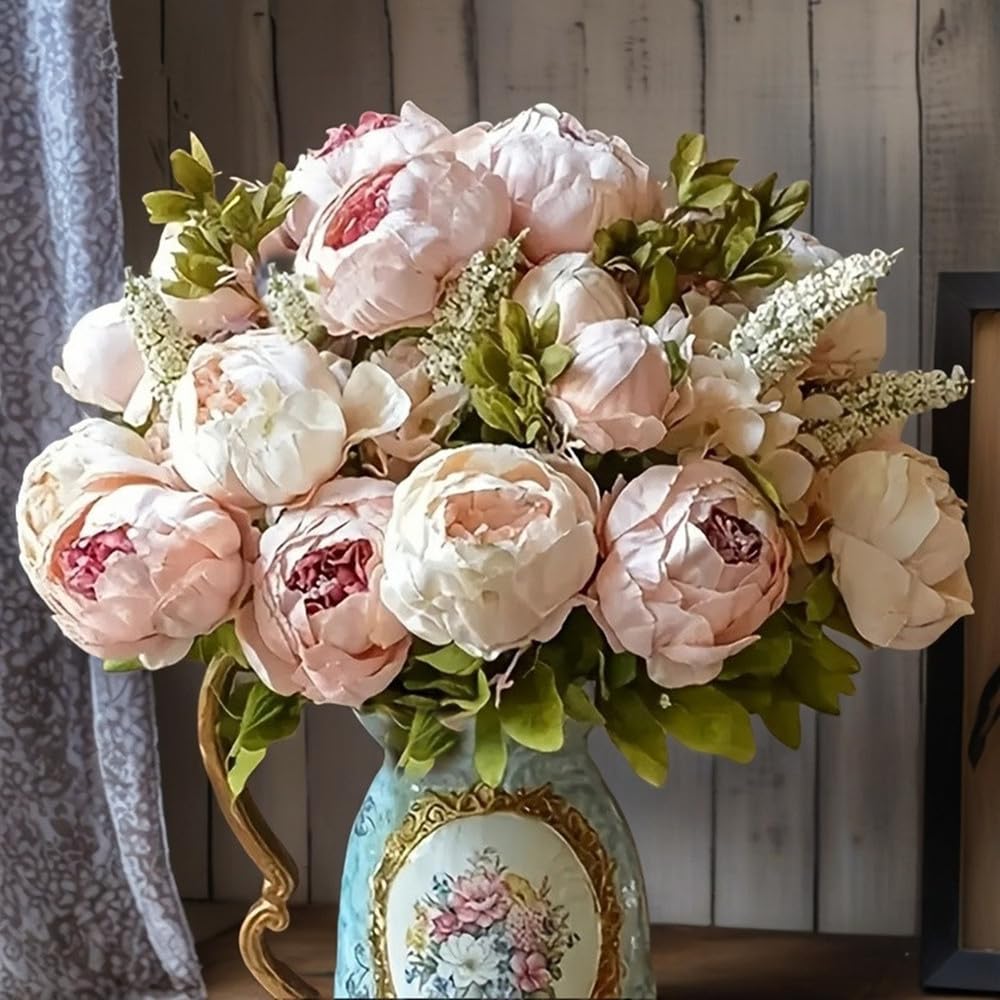 LIJUCAI 5 Pcs Artificial Flowers Silk Peony Bouquet Lifelike Fake Floral Arrangements Vintage Flower Stems Bulk for Home Table Centerpieces Wedding Party Decor,C1