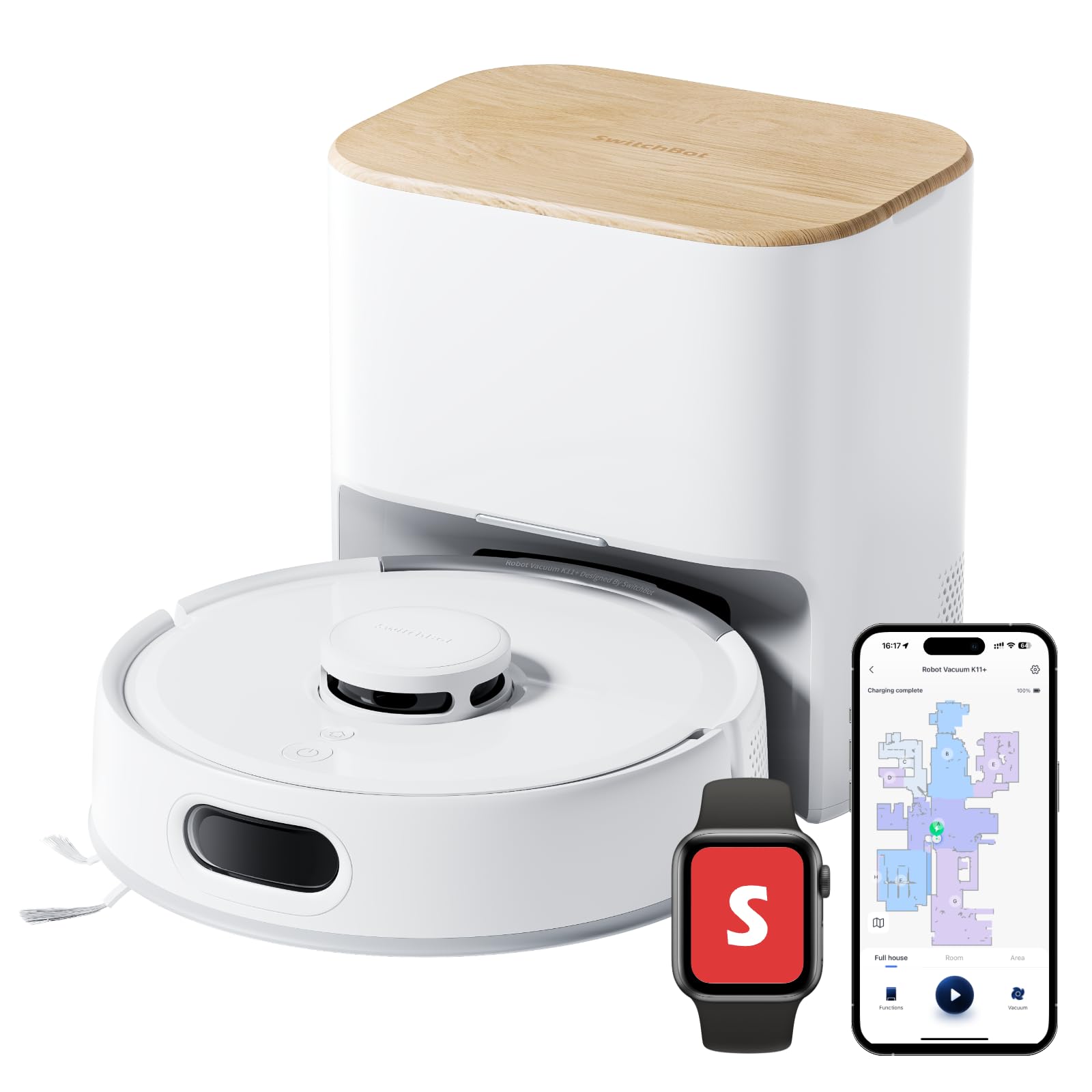 SwitchBot K11+ Saugerroboter mit Mopp, 6000Pa Saugkraft, 90 Tage Staubauffang, Selbstentleerung, LDS Smarte Kartierung, schlankes 3,6" Design, kompatibel mit Apple Home, Alexa, Google Home und Matter