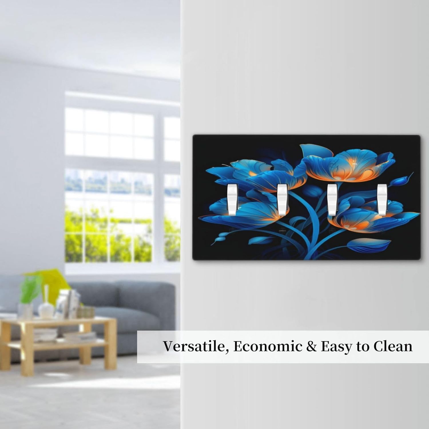 Blue Elegant Tulip Flowers Modern Minimalist Floral Quad Toggle Light Switch Covers Decorative 4 Gang Wall Plate Electrical Switch Plates Cover Dimmer Faceplate for Living Room Bedroom Decor