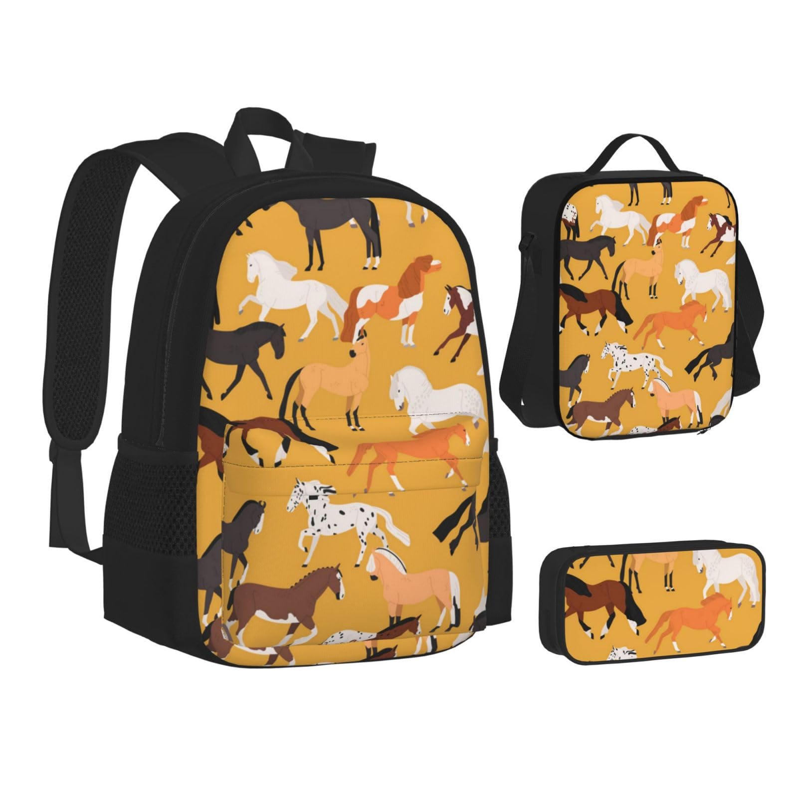 YSOLDA Juego de mochila, mochila escolar, mochila, juego de 3 piezas con bolsa de almuerzo, estuche para lápices,Varios tipos de caballos