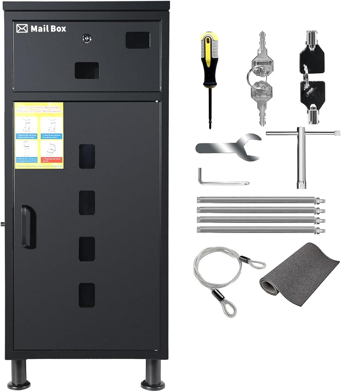 Parcel Letter Box XXL Push-to-Lock-Mechanismus Sichere diebstahlsichere Basis Wind und Regen trotzen Verstellbarer Standfuß Boite à lettre et à colis 85x40x40cm Black/Grey