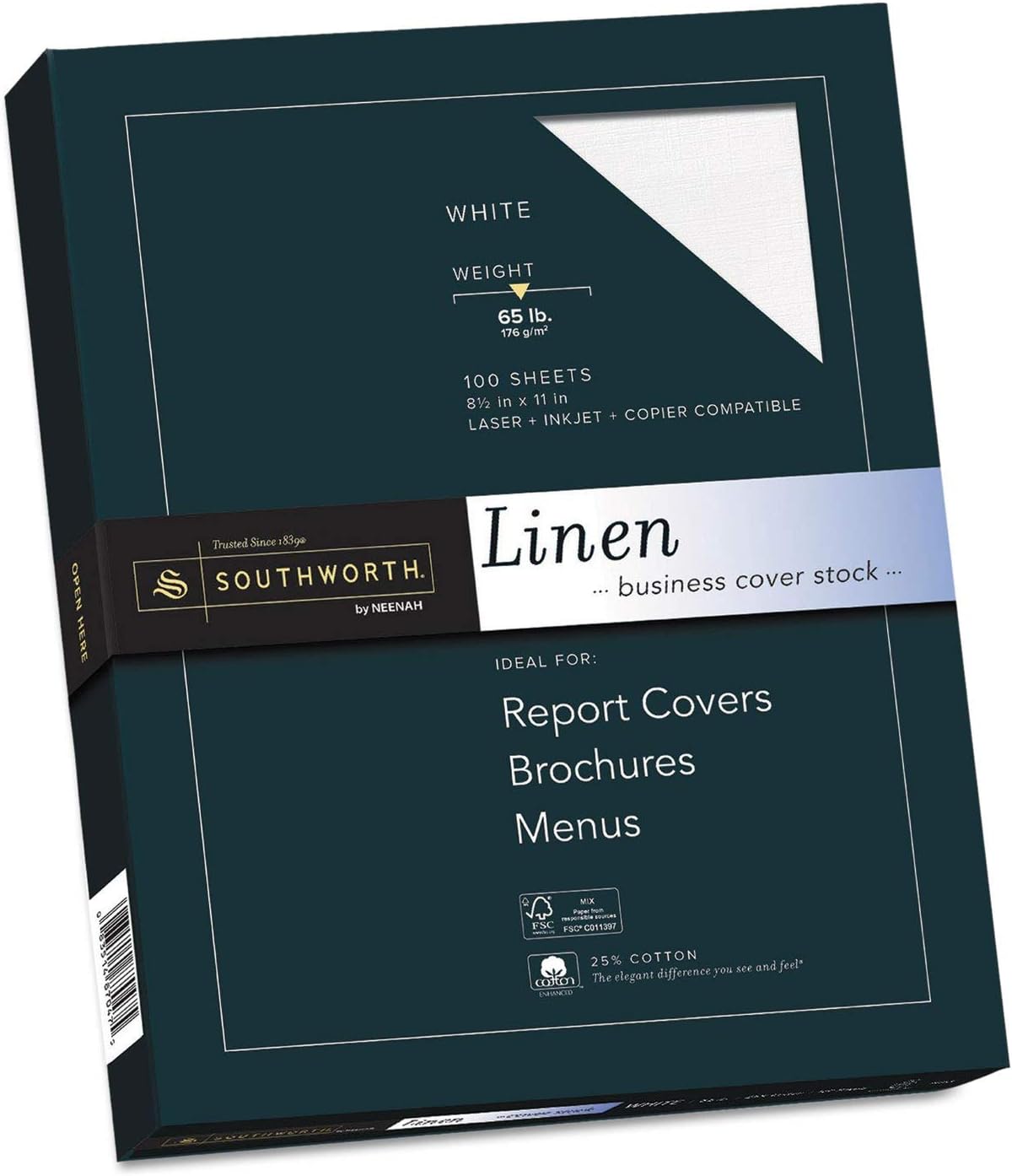 Wholesale CASE of 10 - Southworth 25% Cotton Linen Business Cover Stock-Fine Linen Paper,65lb,100 SH/BX,Acid-free/Lignin,White