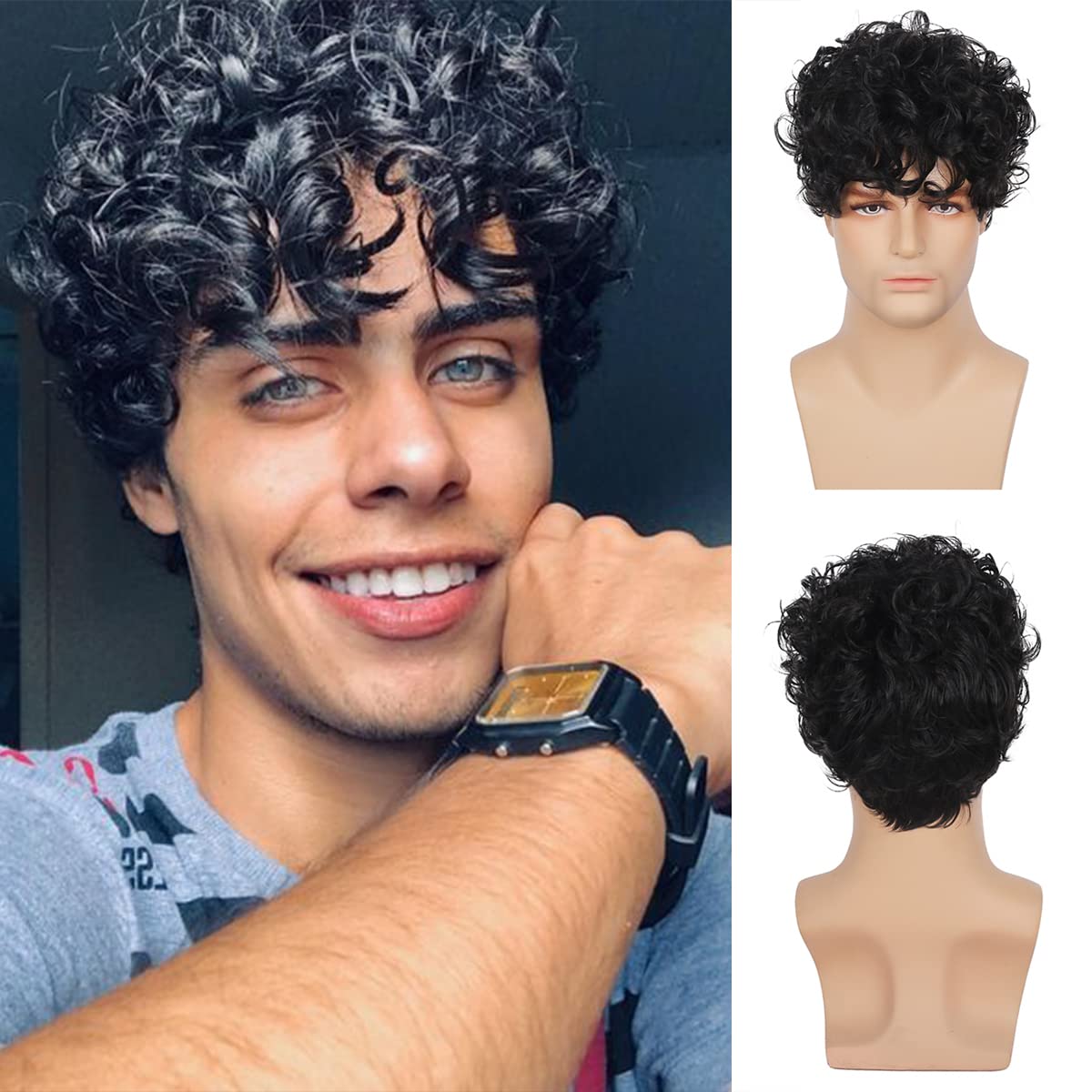 RicHyun Short Curly Black Wig for Men Anime Cosplay Wigs Halloween Cosplay Costume Hair Wig for Male Guys