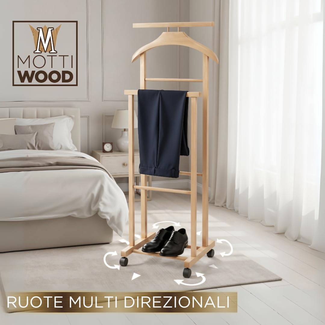 Mottiwood Indossatore Doppio con Appendi Pantalone, Appendiabiti Da Camera, 100% Legno Faggio, Servo Muto Doppio con 4 Ruote, Color Naturale, Made in Italy