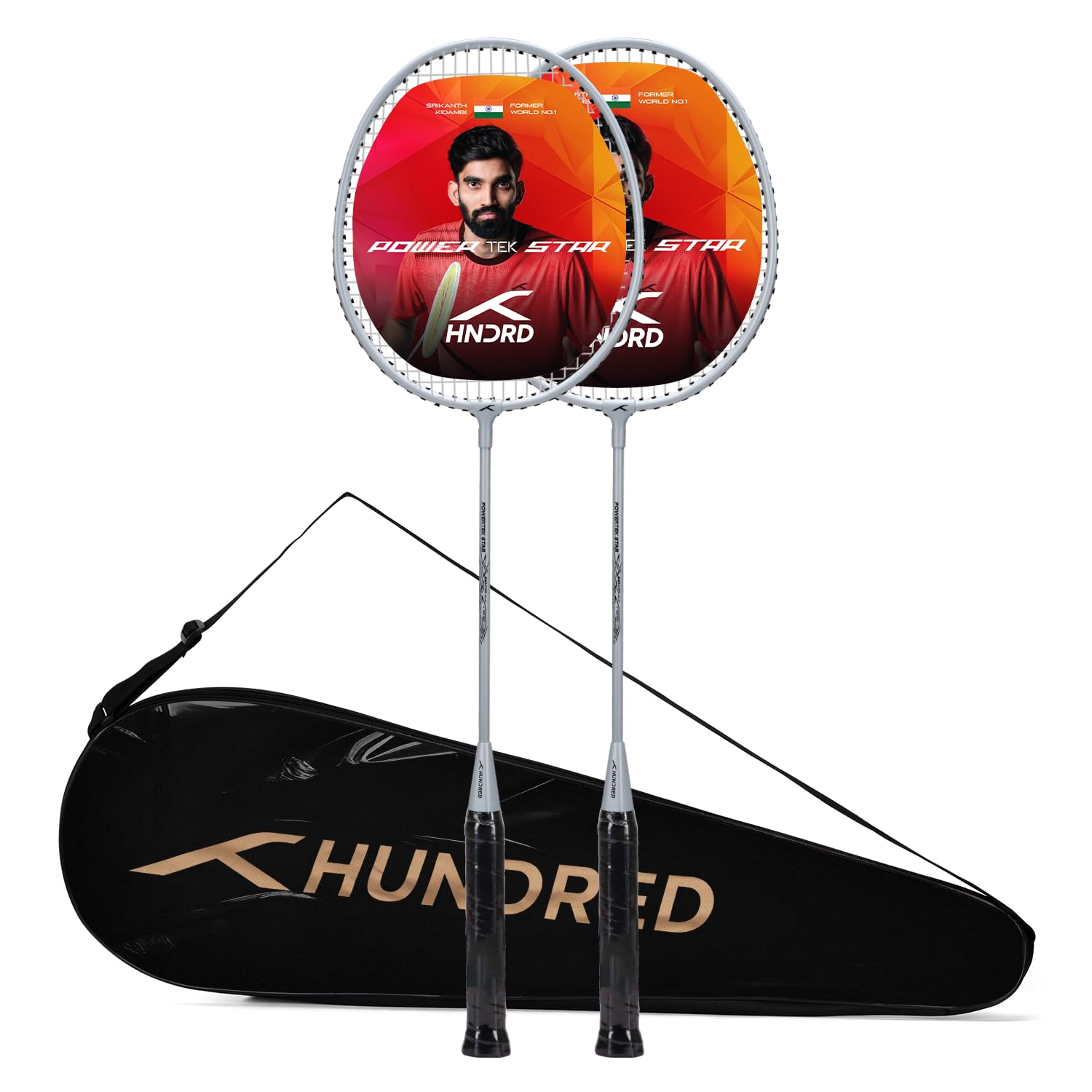 Hundred Powertek Star Carbon Graphite Set of 2 Strung Badminton Racket with Full Cover Combo