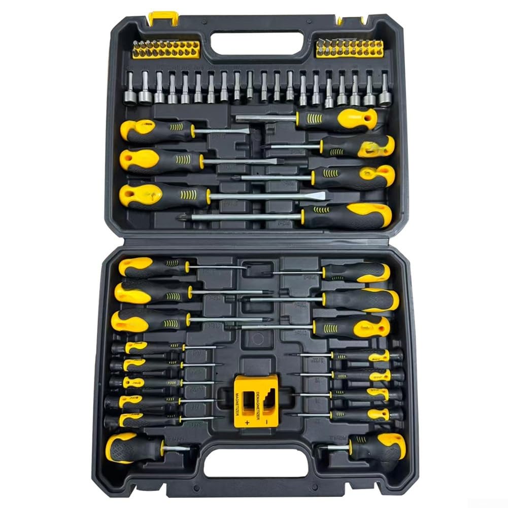 Juego de destornilladores magnéticos profesionales de 86 piezas con mango ergonómico antideslizante y puntas de aleación almacenadas en estuche amarillo portátil