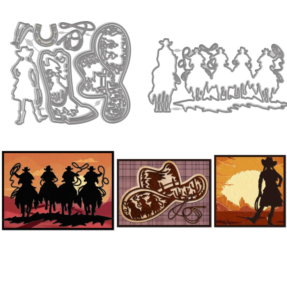 WADORN 2Pcs Western Cowman Cutting Dies Set - Metal Stencil - Stencil - Scrapbooking, Invitations, Home Decor