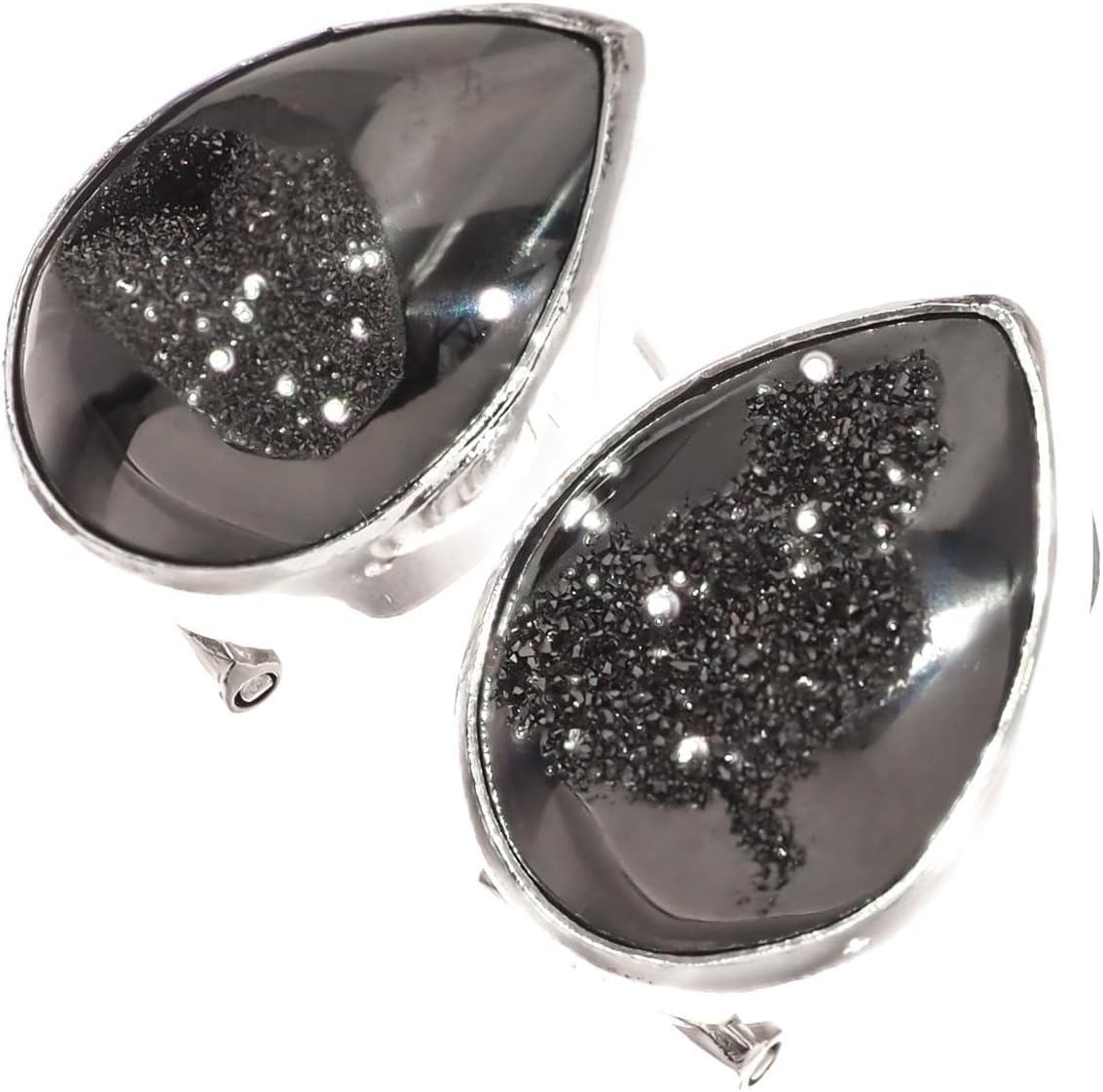 925 Silver Gunmetal Gray Titanium Druzy Pear Sterling Omega Stud Earrings, 3/4" p86175