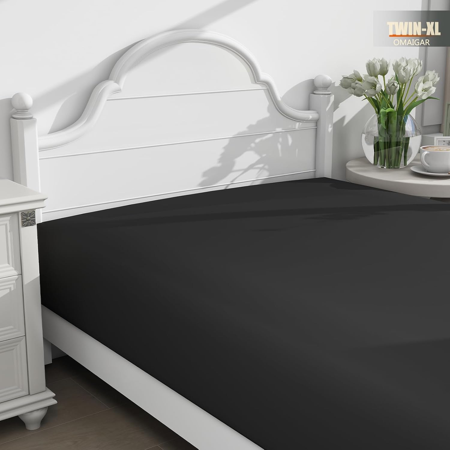 OMAIGAR Twin XL Fitted Sheet Black, Single Hotel Luxury Bed