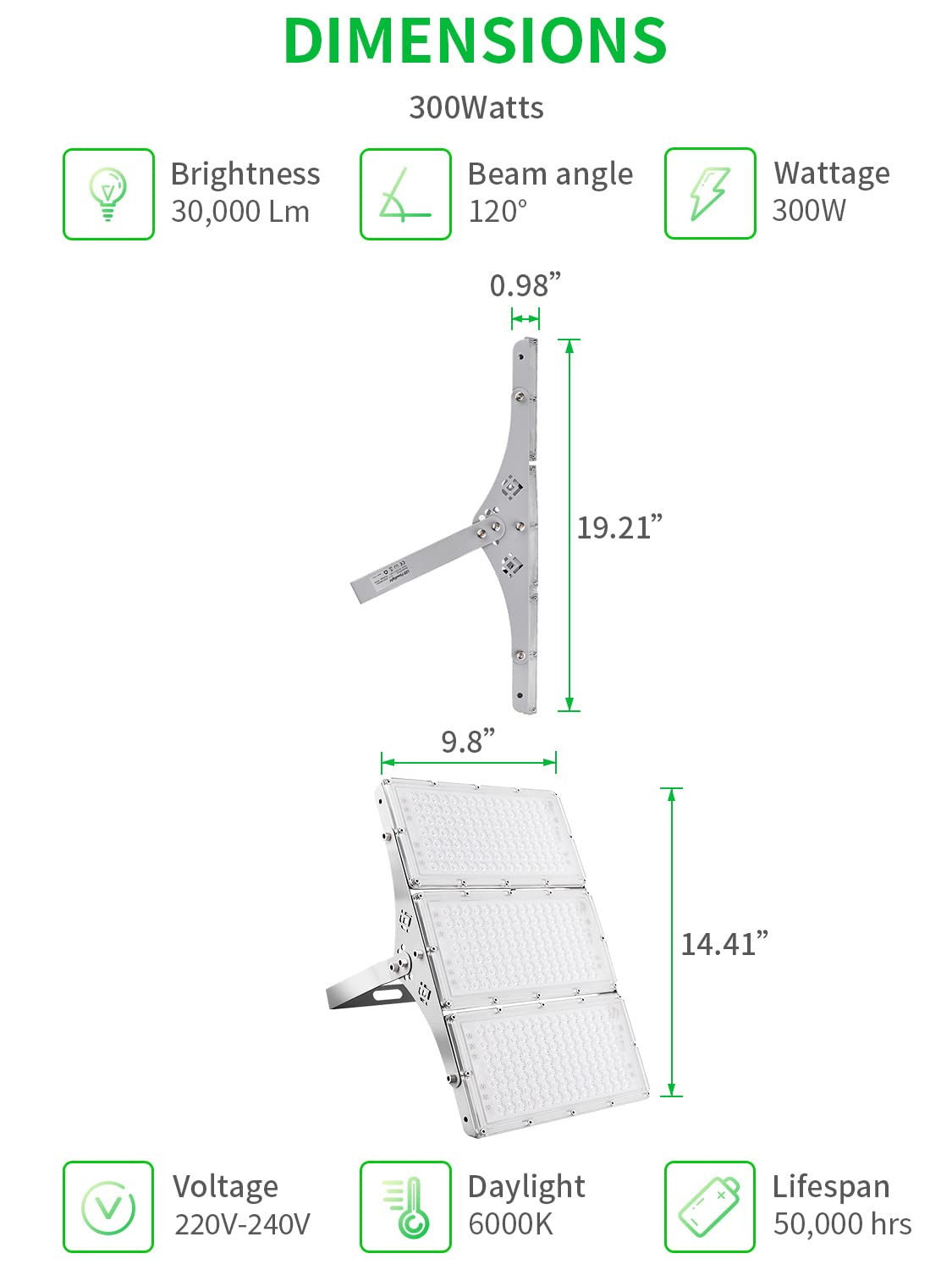 Viugreum Projecteur LED 300 W Étanche IP66 Avec 315 LED lumineuses blanc froid (30 000 lm) Aspect aluminium