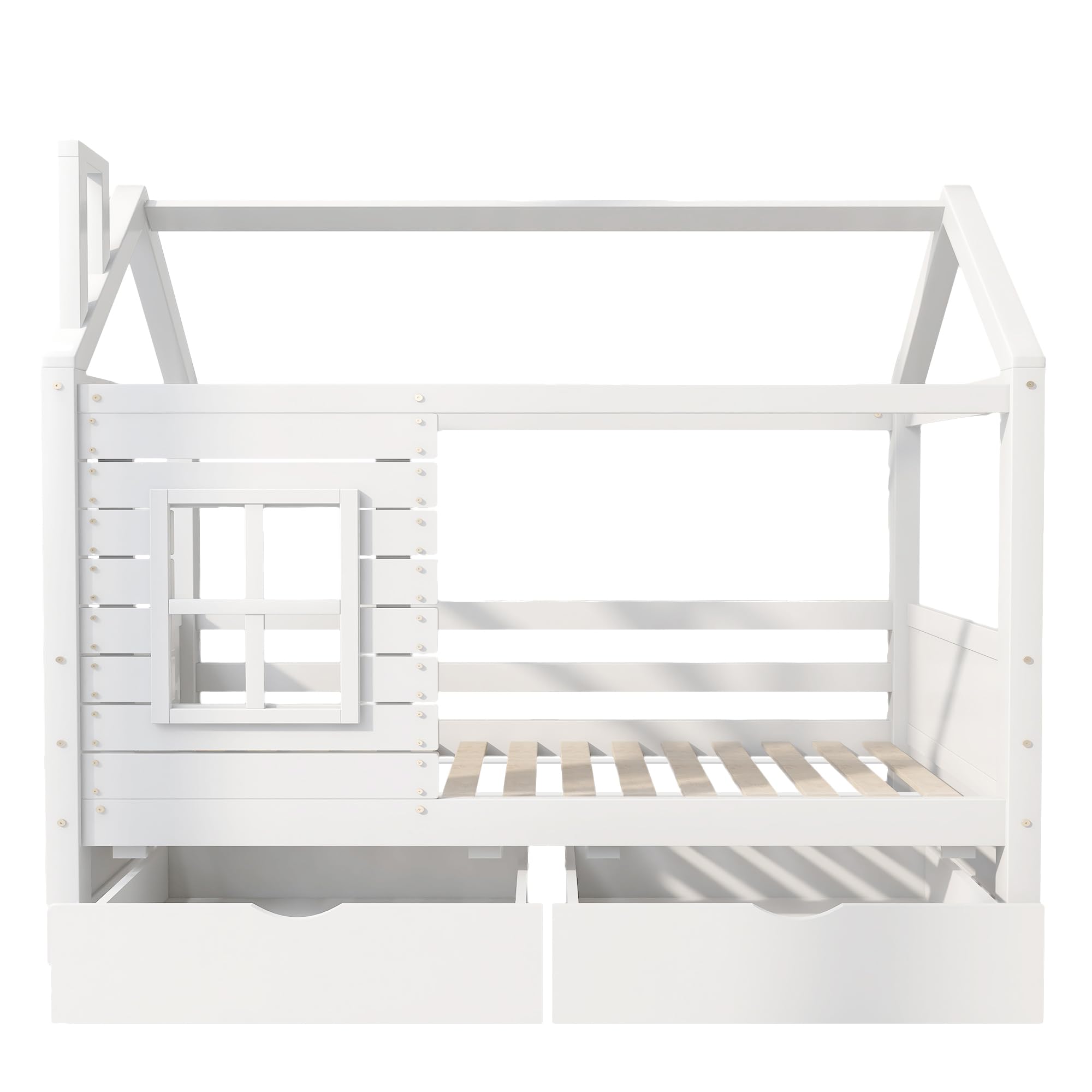 HESHU Kinderbett Hausbett 90x200 cm, Bettgestell mit Fenstern und 2 Schubladen, Kinderbett mit Dach, Massivholz Bett mit Rausfallschutz und Lattenrost, ohne Matratze, Weiß