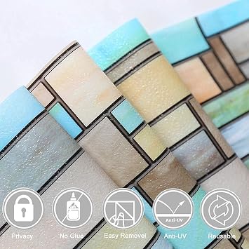 Niviy Stained Glass Window Film Waterproof Static Window Cling, 11.8 x 78.7 Inches No Adhesive Glass Window Decor for Bathroom Kids Room Sliding Door