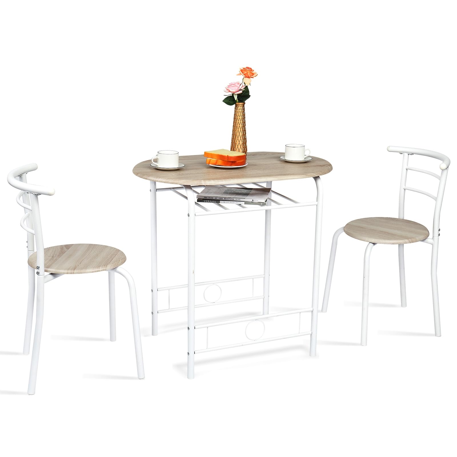 Bonnlo Esstisch Oval für 2 Personen mit Ablagefach, Küchentisch Klein mit 2 Stühlen, Dining Table Set Esszimmertisch Essgruppe Balkontisch für Küche Balkon Esszimmer (Eiche-Weiß)
