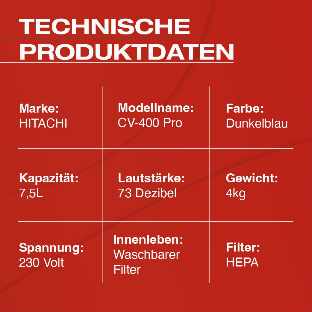 HITACHI Staubsauger CV-400 PRO mit HEPA Filter 7,5L, Beutellos - Profi Bodenstaubsauger 880W, leise 74 dB, 13m Radius, Teppichdüse & Zubehör, Gewerbesauger für Haushalt & Industrie (Dunkelblau)