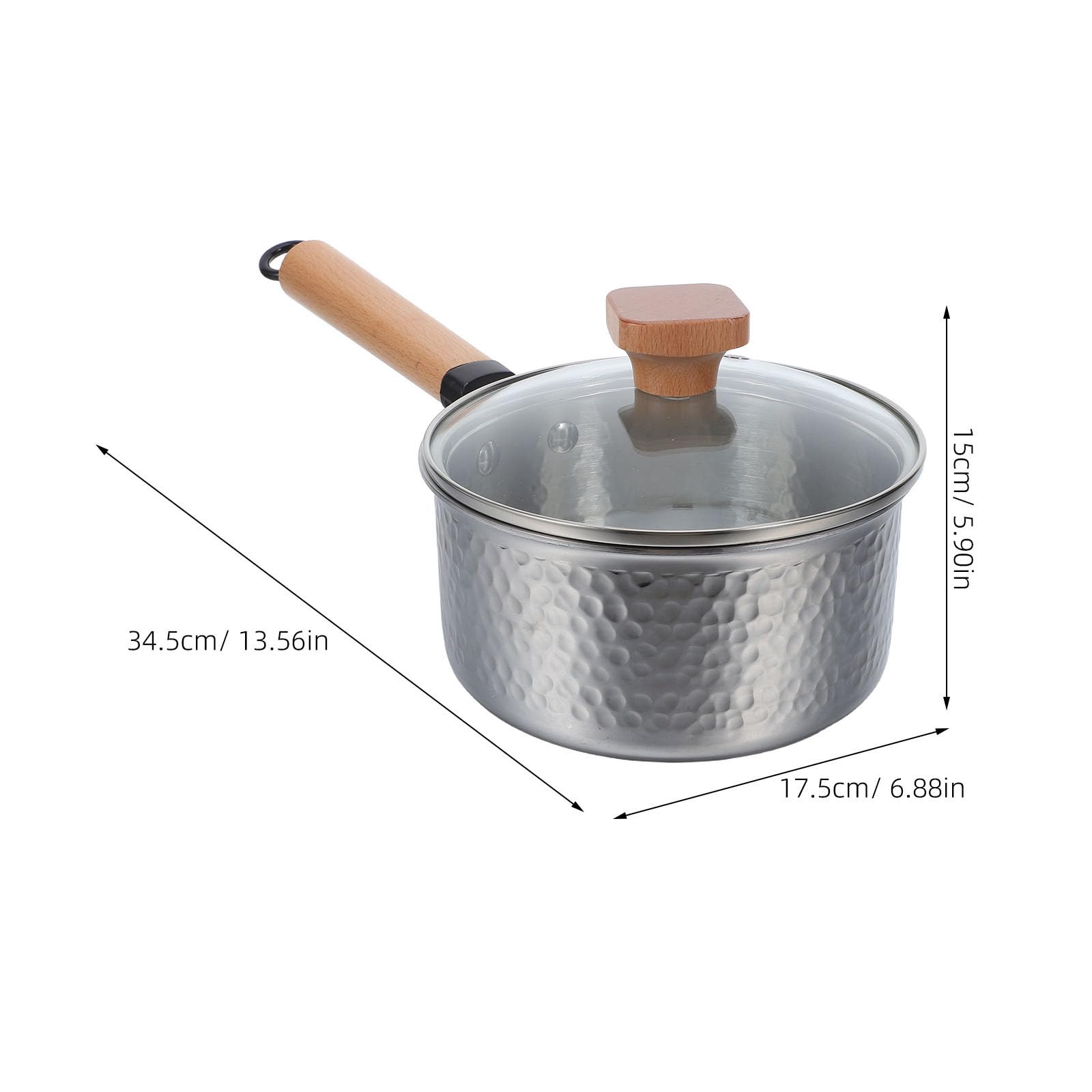 Cabilock Pentola Piccola in Acciaio Inox con Manico in Legno e Coperchio in Vetro, Superficie Martellata Esterna e Interno Liscio Antiaderente per Cucinare e Cuocere al Forno