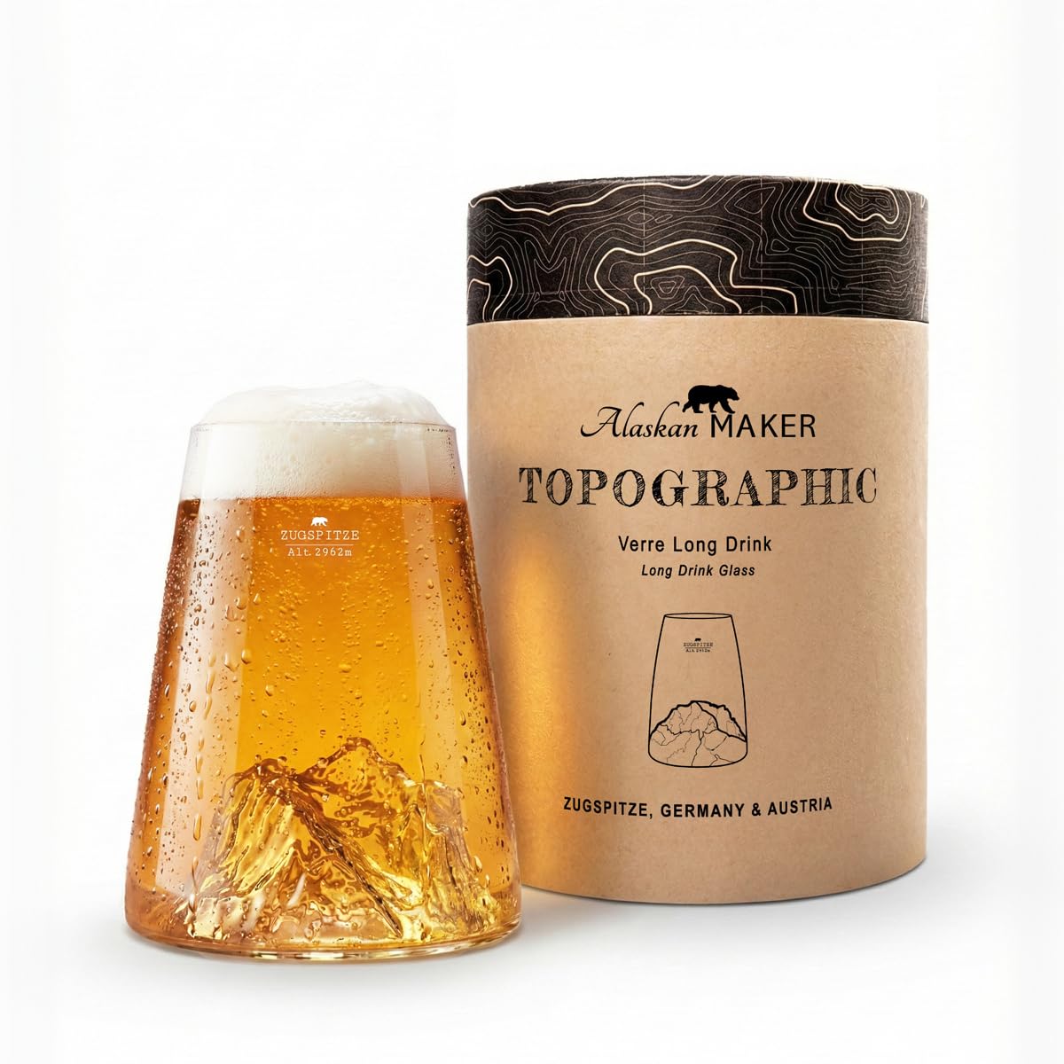 Alaskan MAKER Long glass 450 ml - High quality Borosilicate hand-blown with raised mountains | Cocktail, beer or soft TOPOGRAPHIC (Zugspitze) — image 1
