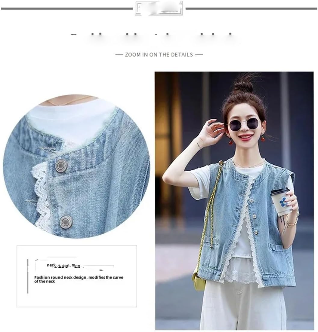 Women Spring Loose Round Neck Denim Lace Trim Vest Sleeveless Outerwear Jacket For Splicing Design