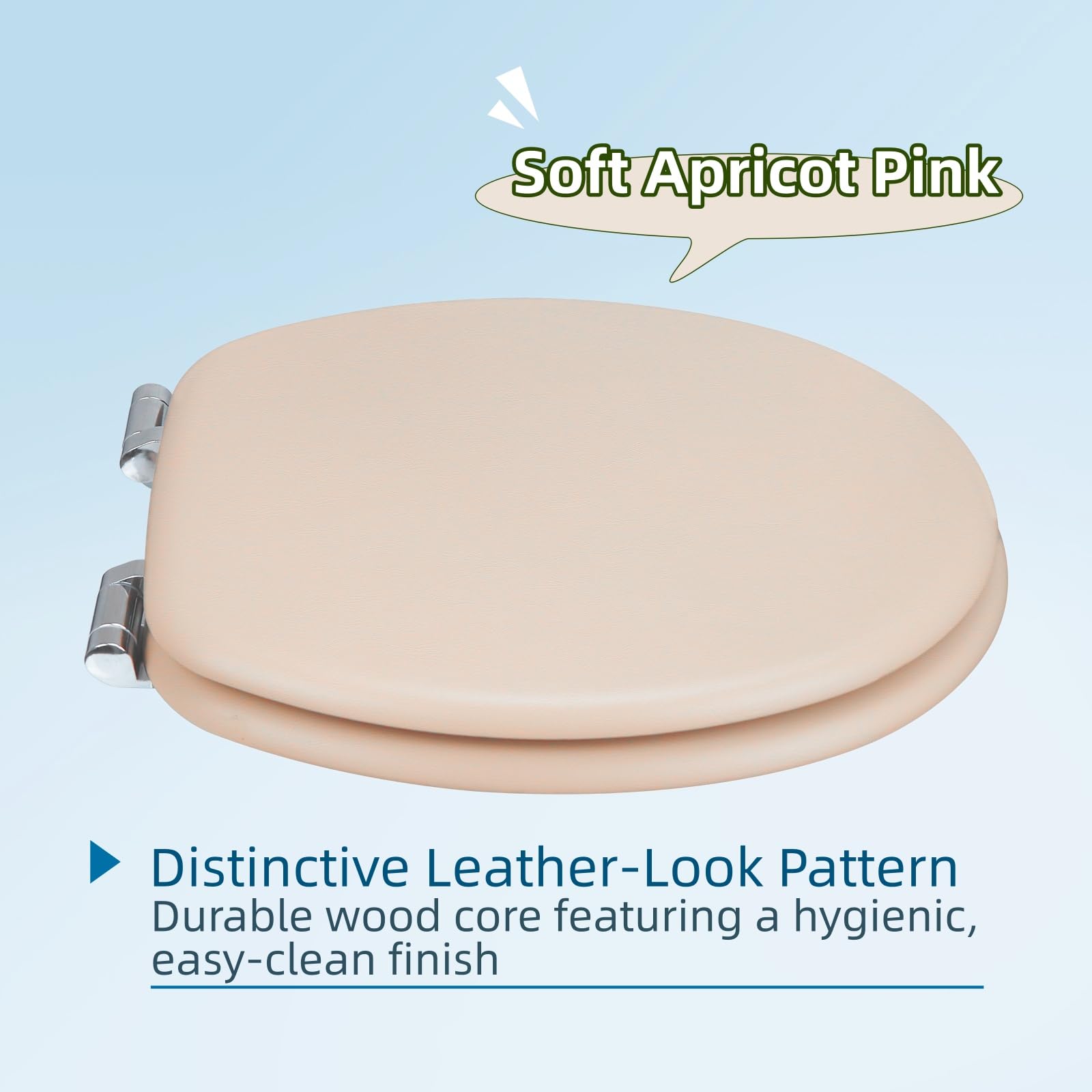 Asiento de inodoro universal de madera de cierre suave, hecho de MDF con material de aspecto de piel de PVC, bisagras ajustables con accesorio inferior, fácil de instalar para baño, 43,5 x