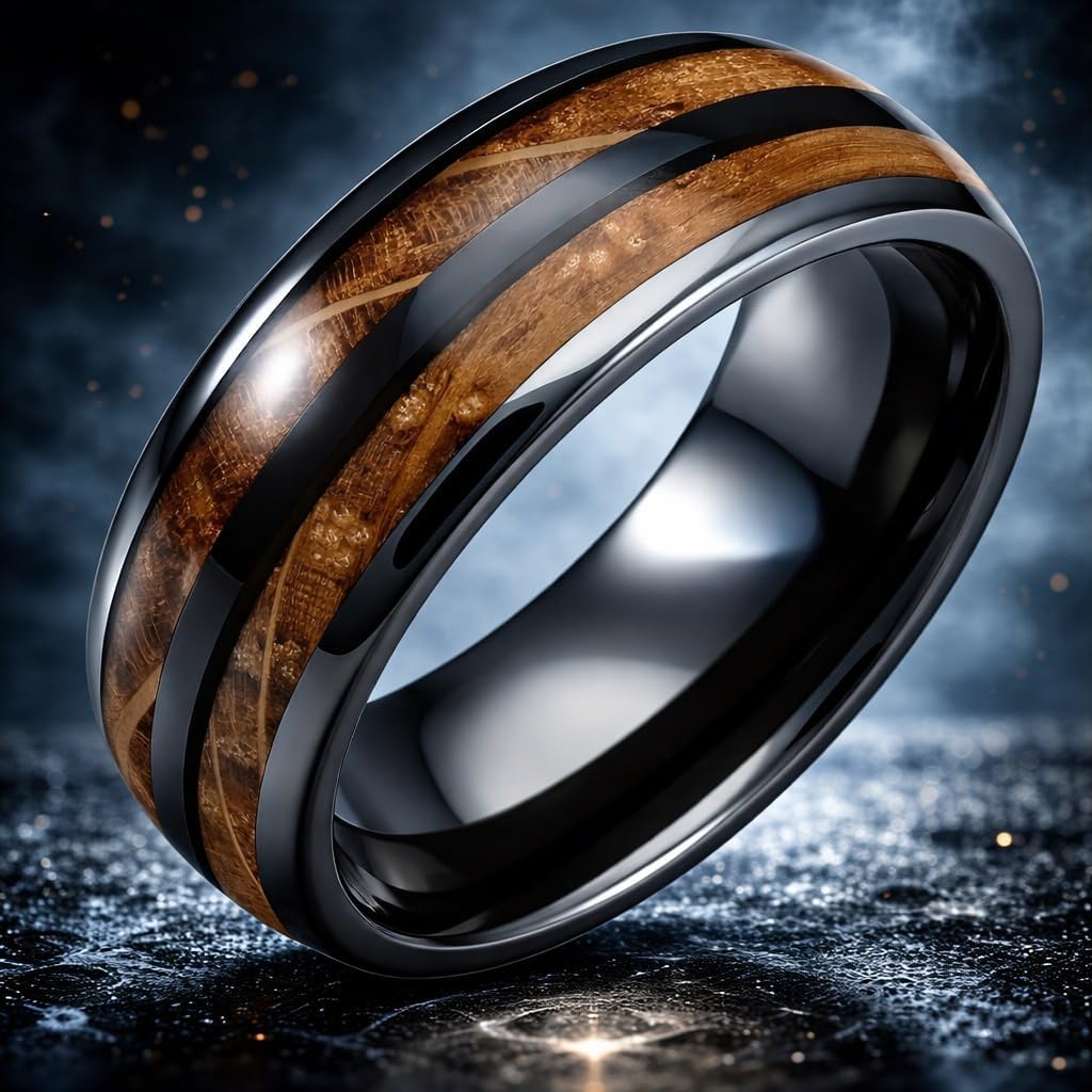 1pc Men's Trendy Stainless Steel Gray Whiskey Barrel Wooden Inlaid Wedding Ring - Suitable For Any Commitment Or Engagement size 7-13 - Christmas or Birthday Gift