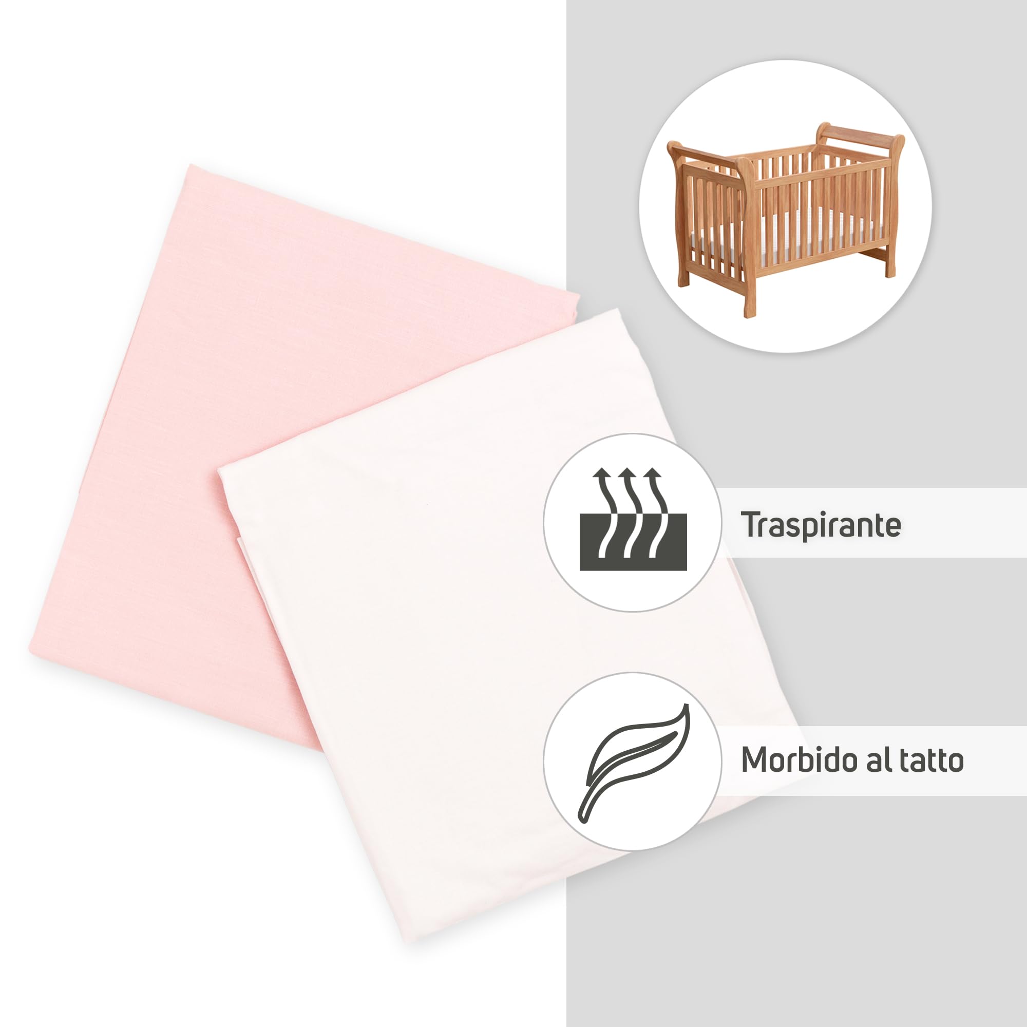 Ti TIN Confezione da 2 Lenzuola con Angoli per Culla 100% Cotone | Set di 2 Lenzuola Regolabili con Elastici, 60x120 cm, 1 Lenzuolo Bianco + 1 Lenzuolo Rosa | 100% cotone, gommato, traspirante e morbido, facile da pulire, adatto all'asciugatrice